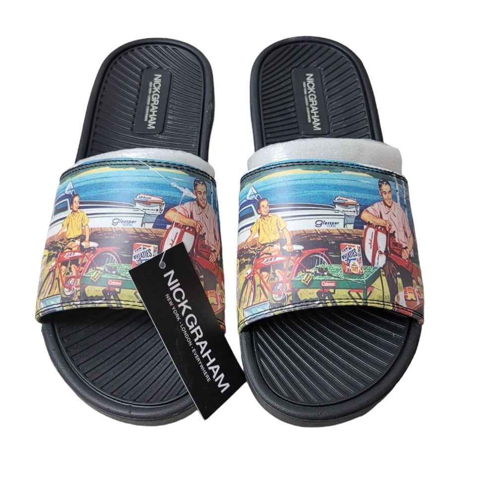 Nick Graham Dane Happy Men's Slide Sandals Size 8 Beach Print Father Day Deal